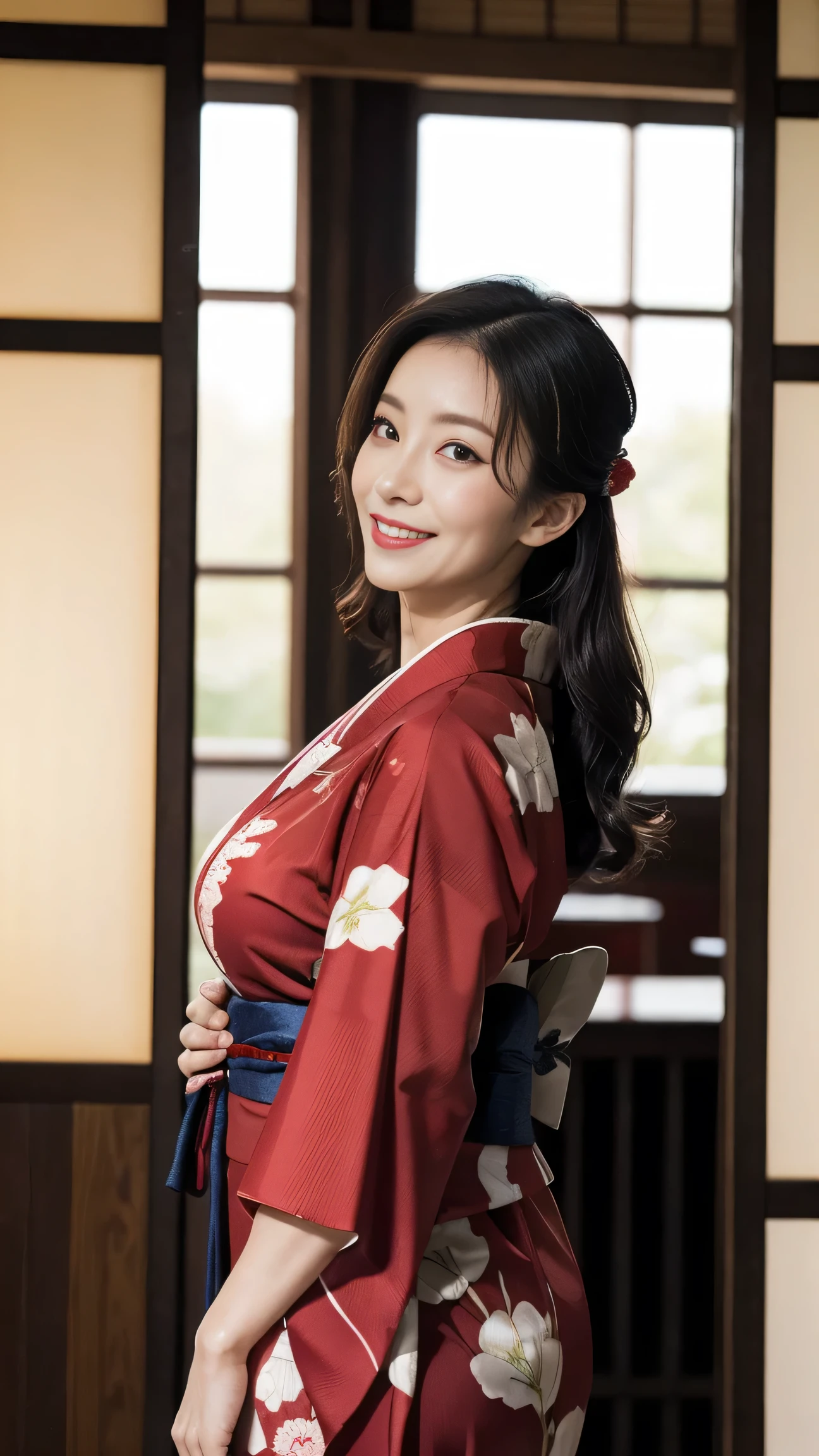 mature attractive sexy woman holding a man's penis with a cloth,50 years old, (( kimono)),((Vermilion))、((( kimono))), close,((Big Breasts:1.1)),( facial wrinkles:1.3),light makeup,light brown hair,long hair,(full body photo:0.85),(  emphasizing big buttocks  ),8k, RAW photo, top quality, Laughter,masterpiece,top quality、A kind smile、mesmerizing gaze、random hairstyle、Japanese-style room、Shoji screen、lantern、