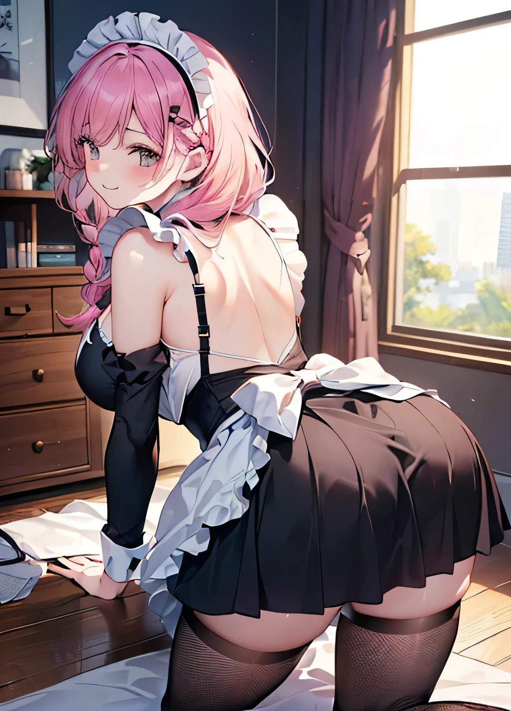 score_9, score_8_up, score_7_up, source_anime, 1girl, pink hair, pink eyes, pigtails, cat ears, small breasts, eyeglasses, micro bikini maid, headdress, blouse, skirt, apron, areola, cheeky face, light smile, bent over, back, private room, mansion,