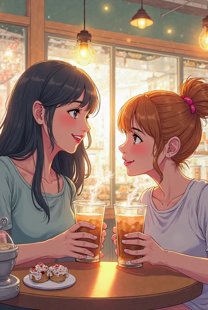 - Scene: A cozy café with a warm atmosphere, where **three** people—**two women and one man**—are interacting together.

- Character A (Woman):
  - Hair: Long, straight, jet-black hair
  - Eyes: Dark brown
  - Outfit: Light blue blouse and black skirt
  - Expression: Friendly smile
  - Action: Sitting at the table, holding a cup of coffee

- Character B (Woman):
  - Hair: Shoulder-length, curly, auburn
  - Eyes: Green
  - Outfit: White sweater and jeans
  - Expression: Laughing warmly
  - Action: Leaning slightly towards Character C, engaged in conversation

- **Character C (Man)**:
  - **Hair: Short, neatly styled, dark brown**
  - **Eyes: Blue**
  - **Outfit: Casual button-up shirt and khaki pants**
  - **Expression: Relaxed, slightly smiling**
  - **Action: Sitting across from Character A, with his hands resting on the table**

- Background:
  - Cozy café with wooden furniture, soft lighting, and a few plants. The table they are sitting at has a teapot and cups.

- Positioning:
  - **Ensure that the man (Character C) is clearly visible and interacting with both women (Character A and B).**
  - **All three characters (A, B, and C) must be fully visible and interacting with each other within the same frame.**
  - **Character C should not be hidden, obscured, or placed in the background.**