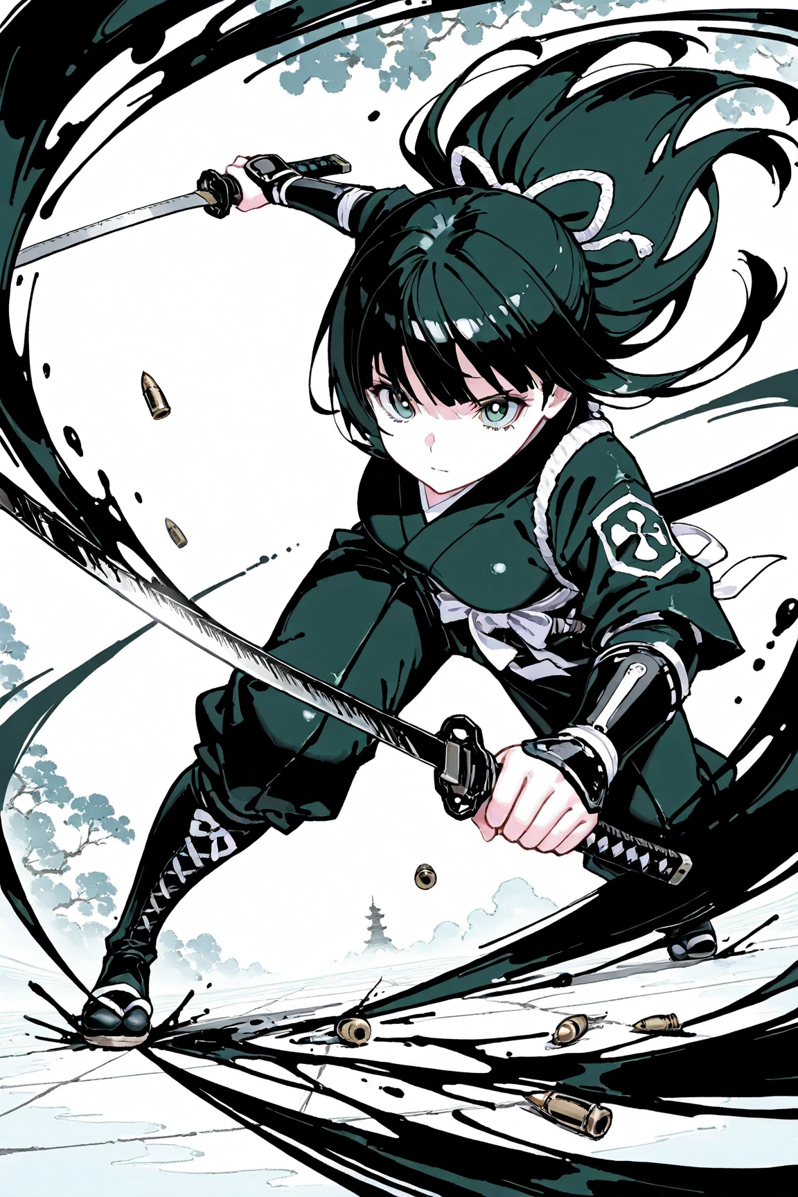 India-ink painting,1girl,samurai girl,school uniform,serious,Battoujutsu,holding a sword,slashing,cutting,cutting a bullet,swinging down,bullet cut in two,cut in half, bullet flying left and right,Holding a sword, slashing,cutting,cutting bullets,swinging down,bullets cut in two,cut in half, bullets flying left and right,dynamic scene,Dynamic,Stylish,((Bullet Time Dodge)),ink painting,sumi-e \(painting\)
,BREAK masterpiece,best quality,aiu,perfect composition,perfect anatomy,good hands,detailed face,cute face
