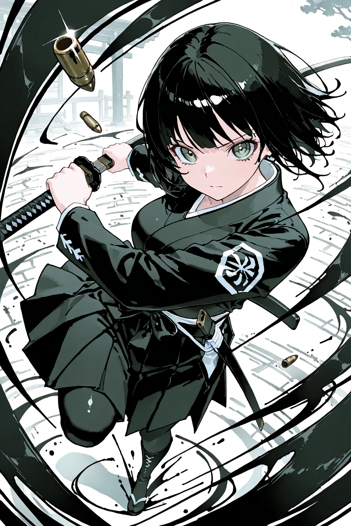 India-ink painting,1girl,samurai girl,school uniform,serious,Battoujutsu,holding a sword,slashing,cutting,cutting a bullet,swinging down,bullet cut in two,cut in half, bullet flying left and right,Holding a sword, slashing,cutting,cutting bullets,swinging down,bullets cut in two,cut in half, bullets flying left and right,dynamic scene,Dynamic,Stylish,((Bullet Time Dodge)),ink painting,sumi-e \(painting\)
,BREAK masterpiece,best quality,aiu,perfect composition,perfect anatomy,good hands,detailed face,cute face