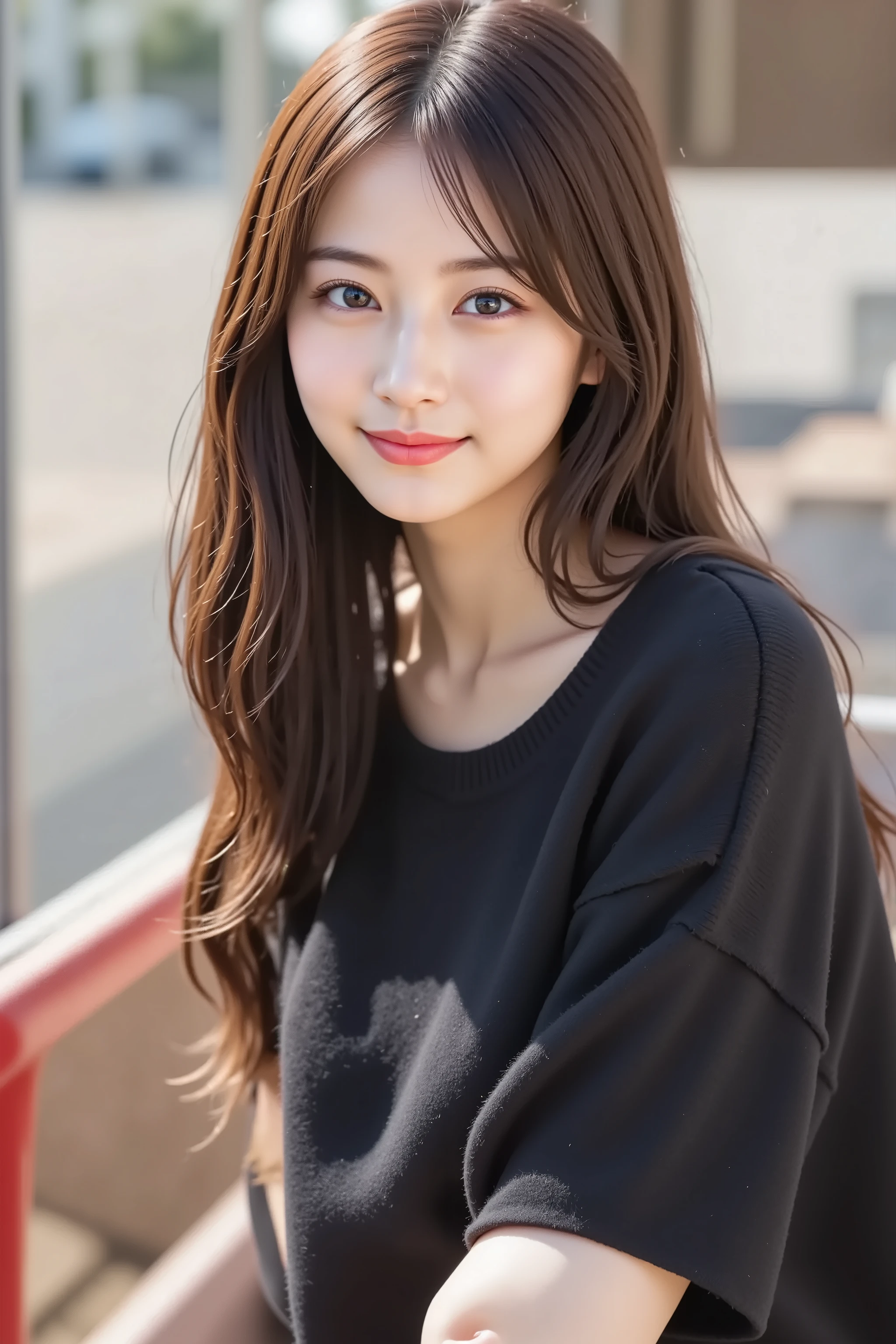 The face is positioned exactly in the center of the image , , the entire head is fully reflected , Face clearly visible、 black sweater, car, long hair、bungs, smile, young and cute japanese face , Official Art, high image quality during sick leave CG Unity 8k wallpaper,Ultra high image quality during sick leave , very well detailed, high image quality during sick leave , film grain , lens flare glow , top quality ,8k, The entire head is fully reflected as a portrait shot ,8k, viewer , masterpiece,top quality ,very well detailed, it's cute ,sexy,very well detailedな,detailware features ,beautiful, illustration of a woman with a penis , beautiful Japanese woman, ladies 1 , Tight Chest
