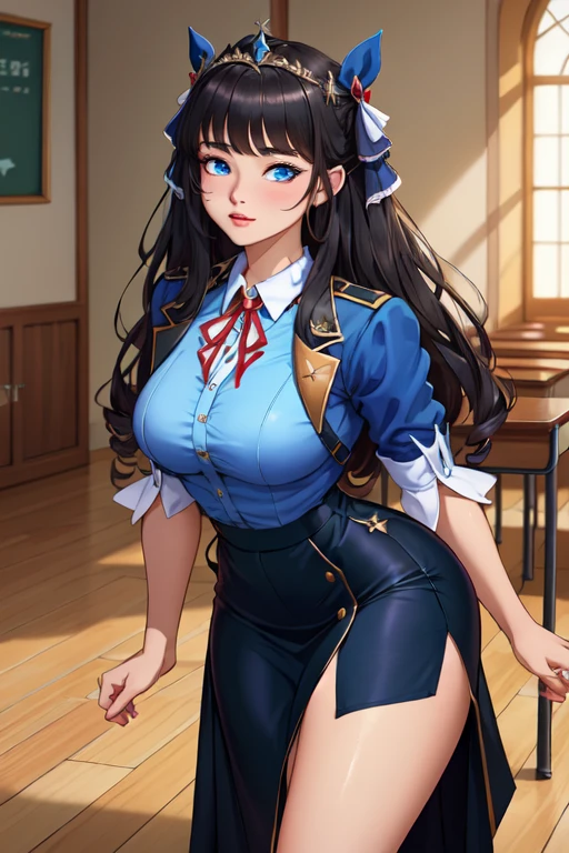"(A perfect masterpiece:1.2), (the best quality:1.2), stunning face, schoolgirl uniform, mature and chubby, big pupils, bright eyes, makeup, long and luxurious eyelashes, full lips, irresistible charisma."