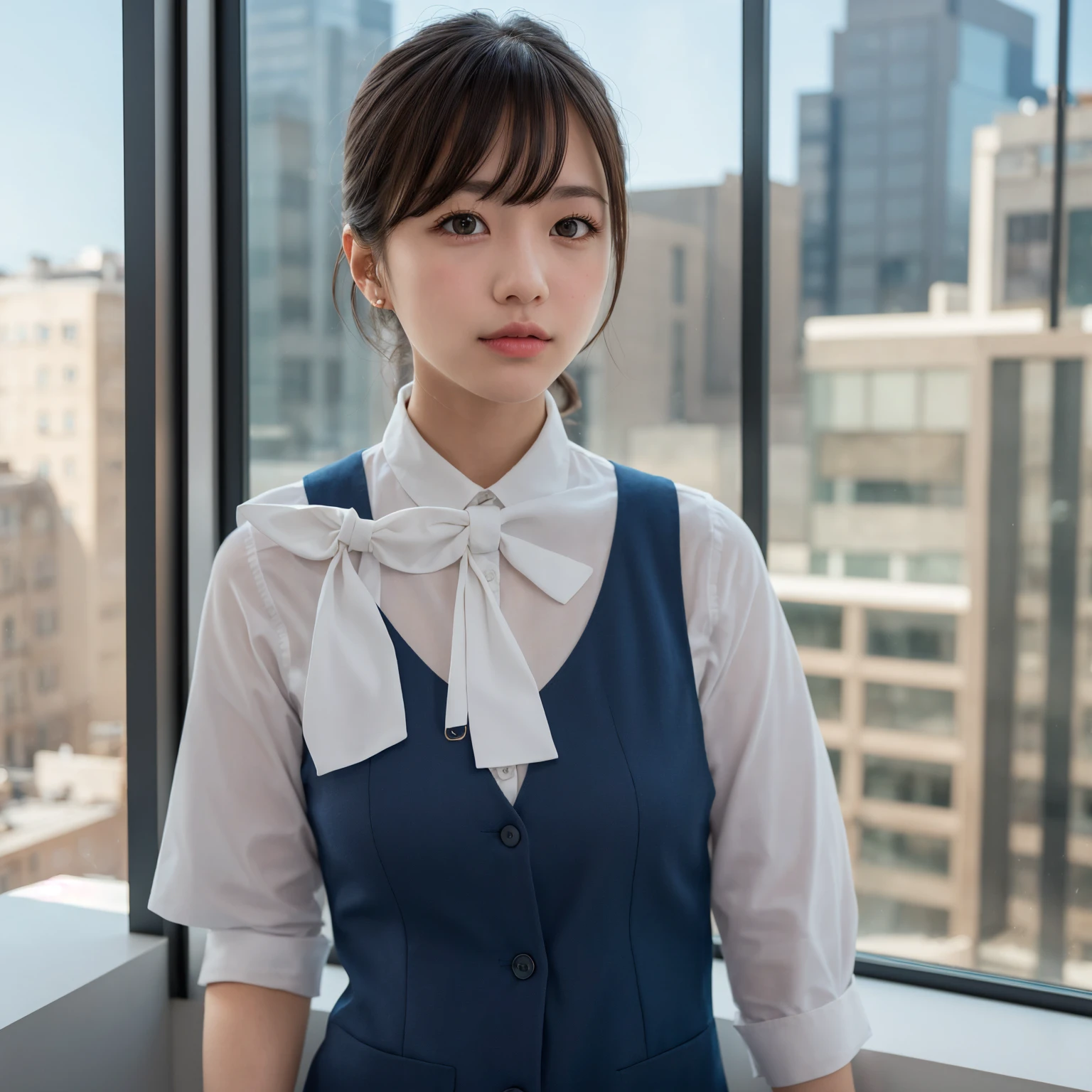 Highest quality、Figures、Cute Girls、sexly、Slender、Red tie、Open front dress shirt、Green exy very detailed、Fine details、Slim Body、Slender、Japanese Girls、High resolution、8k、wallpaper、Perfect dynamic composition、Beautiful fine details、Short Bob Hair、Big natural color lip、大胆なsexlyポーズ、smile、Cold Stare、18 year old girl、Cute、Lolita、Good eyesight、whole body、Light blue wall、smile、