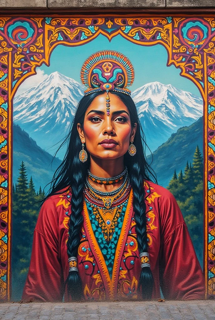 <lora:auka:0.6>auka, girl, crescent moon, mountains, forest, tribal head wrappings and jewelry, poncho with designs