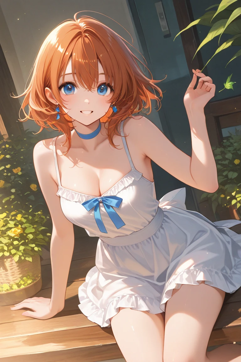 ((8K masterpiece,highest quality)), ultra high resolution, hyper detail, (1 girl), beautiful face, beautiful and delicate eyes, Big eyes,shining eyes of light,Thin and long eyelashes,((orange hair)),((green eyes)),(bob cut),big breasts,Narrow waist light blue dress,(very large thighs),white bag,White pumps,(grinning face),small blush,(big smile),greeting,((aquarium)), particles of light,motion blur,Depth of bounds written,spectacular panoramic view,Angle from the side