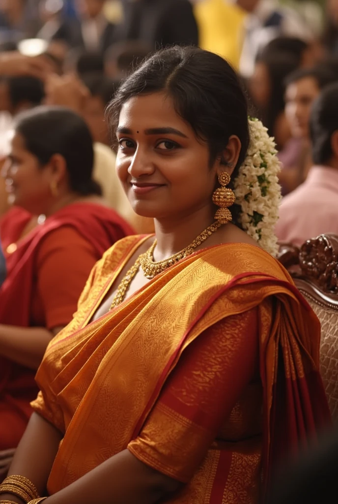 A 50-year-old man affectionately hugging and kissing on lips of a radiant, full-figured South Indian 45 year old very beautiful bride wearing a cream silky saree and blue blouse in office, other people cheering next to them, captured in a full-body image with vibrant hues and meticulous details. Full body image