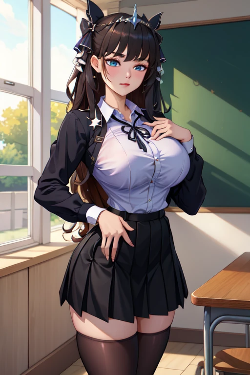 ((masterpiece, 最got it质量, High resolution, 超High resolution, pixel perfect, Depth of the bounds written, 4k, RTX, high dynamic range)), 1 girl, single, alone, 24-years-old, beautiful anime girl, beautiful art style, anime character, ((long hair, bangs, brown hair, curl)), (green eyes:1.4, round eyes, beautiful eyelashes, realistic eyes), (detailed face, blush:1.2), (smooth texture:0.55, lively質感:0.65, lively:1.2, cinematic, Anime CG style), medium breasts, perfect body, Plump, (dynamic angle, view, close), ((summer clothes, vest, underwear, got it, underwear, underwear)), (outdoor, city buildings), ((summer, autumn, Natural light, sunrise)), sly smile