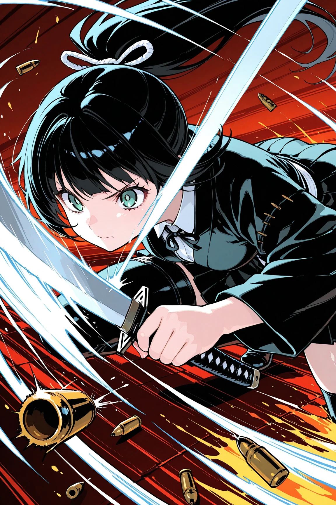 India-ink painting,1girl,samurai girl,school uniform,serious,Battoujutsu,holding a sword,slashing,cutting,cutting a bullet,swinging down,bullet cut in two,cut in half, bullet flying left and right,Holding a sword, slashing,cutting,cutting bullets,swinging down,bullets cut in two,cut in half, bullets flying left and right,dynamic scene,Dynamic,Stylish,((Bullet Time Dodge)),ink painting,sumi-e \(painting\)
,BREAK masterpiece,best quality,aiu,perfect composition,perfect anatomy,good hands,detailed face,cute face