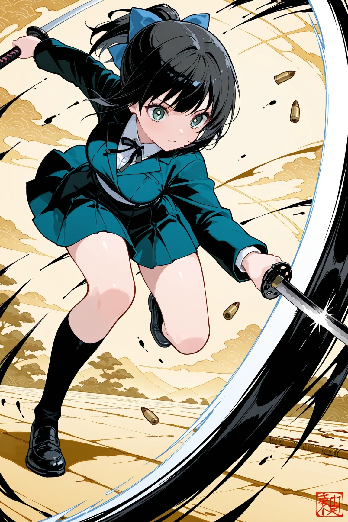 India-ink painting,1girl,samurai girl,school uniform,serious,Battoujutsu,holding a sword,slashing,cutting,cutting a bullet,swinging down,bullet cut in two,cut in half, bullet flying left and right,Holding a sword, slashing,cutting,cutting bullets,swinging down,bullets cut in two,cut in half, bullets flying left and right,dynamic scene,Dynamic,Stylish,((Bullet Time Dodge)),ink painting,sumi-e \(painting\)
,BREAK masterpiece,best quality,aiu,perfect composition,perfect anatomy,good hands,detailed face,cute face