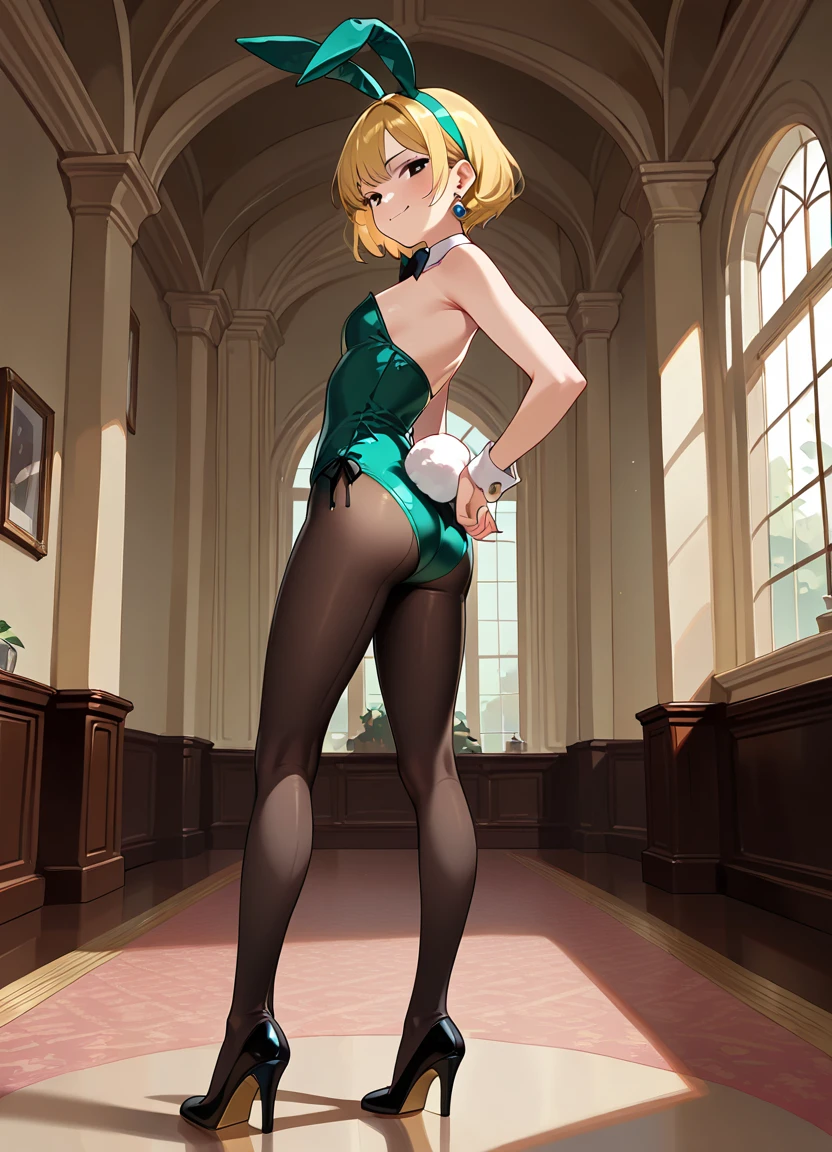 (masterpiece, High resolution, detailed:1.3), (Artoria Pendragon from Fate/stay night anime), (small breastst,), (black playboy bunny), (black fake rabbit ears), (black pantyhose), (black high-heels), standing, cowboy shot, indoor, cacino, from above