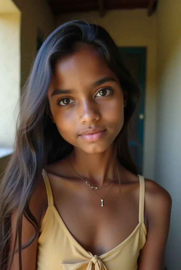 Bangladeshi 1 girl , oval shape face, unclothed belly, long black hair, smile, no make up on face, black skin