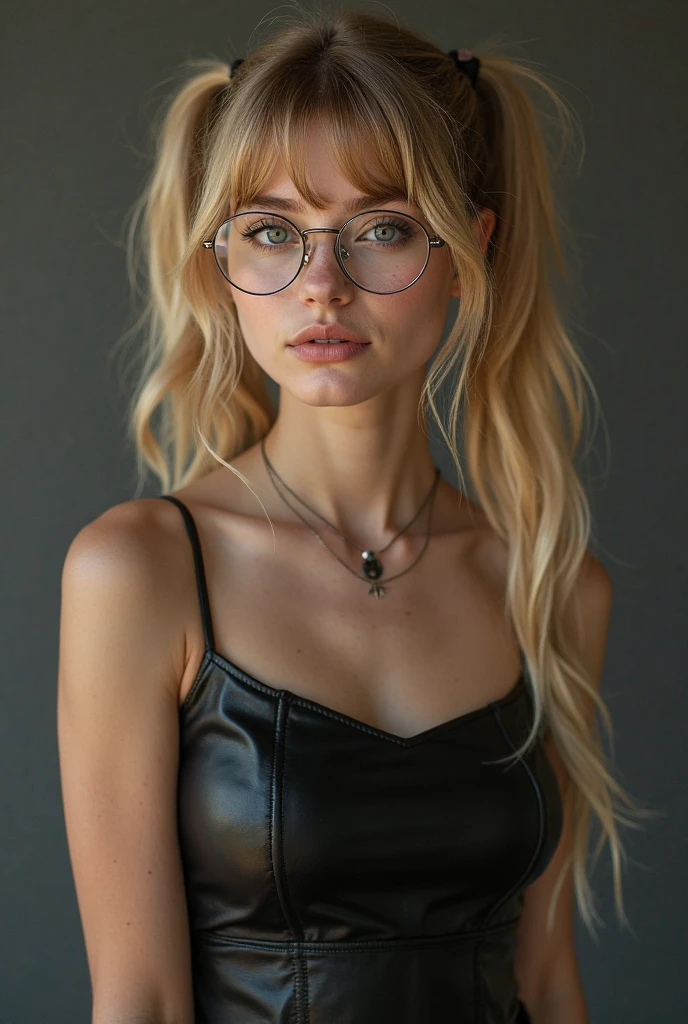 full frame photo of a beautiful young girl with long blonde platinum hair, wearing white office shoulder-off shirt and black cloth skirt, earrings, black eyeliner, sharp jawline, small nose, long lack nails, cute face, black glasses, perfect skin, white pale skin, black mascara, dark red lipstick, hourglass figure, blue eyes, big breasts under shirt