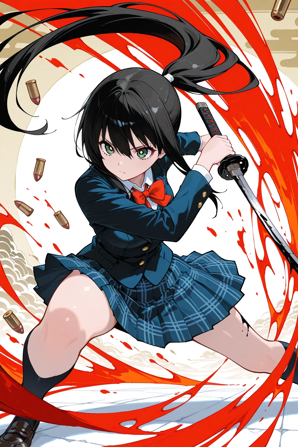 India-ink painting,1girl,samurai girl,school uniform,serious,Battoujutsu,holding a sword,slashing,cutting,cutting a bullet,swinging down,bullet cut in two,cut in half, bullet flying left and right,Holding a sword, slashing,cutting,cutting bullets,swinging down,bullets cut in two,cut in half, bullets flying left and right,dynamic scene,Dynamic,Stylish,((Bullet Time Dodge)),ink painting,sumi-e \(painting\)
,BREAK masterpiece,best quality,aiu,perfect composition,perfect anatomy,good hands,detailed face,cute face