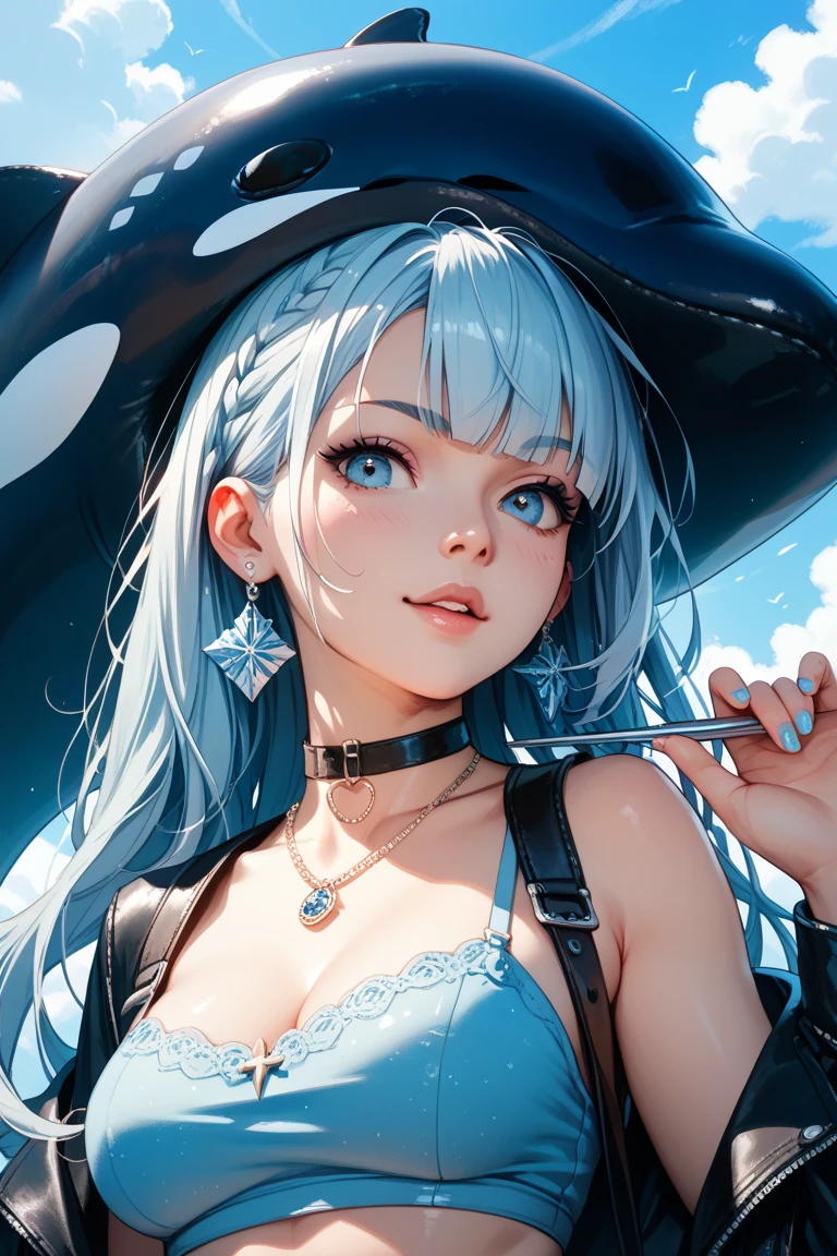 Amidst the radiant sax blue backdrop, a masterpiece of an illustration comes to life, presenting a captivating one-girl scene. The best quality image shines with delicate facial features, showcasing detailed eyes that sparkle with sharp, realistic pupils. The depth of field is accentuated through cinematic lighting, creating a sense of depth and dimension.
Hyper-detailed bloom and glow envelop the girl, as many small gems adorn her attire. A white dress clings tightly to her, revealing her cute frame. Platinum earrings and a necklace add a touch of elegance to her overall aesthetic.
With dynamic lighting playing a pivotal