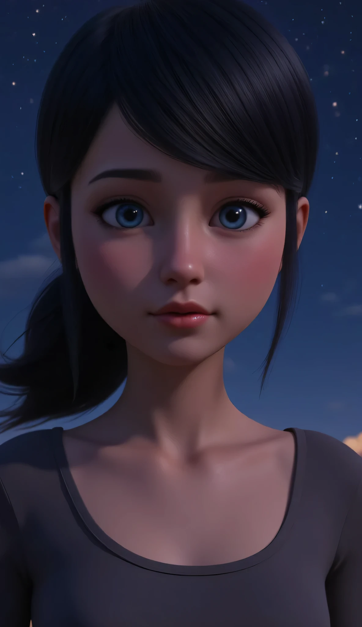 1girl, Solo, High Resolution, Masterpiece, Accurate, Anatomically Correct, Best Quality, High Details, High Quality, black hair, blue eyes, tween, realistic, cute, night 