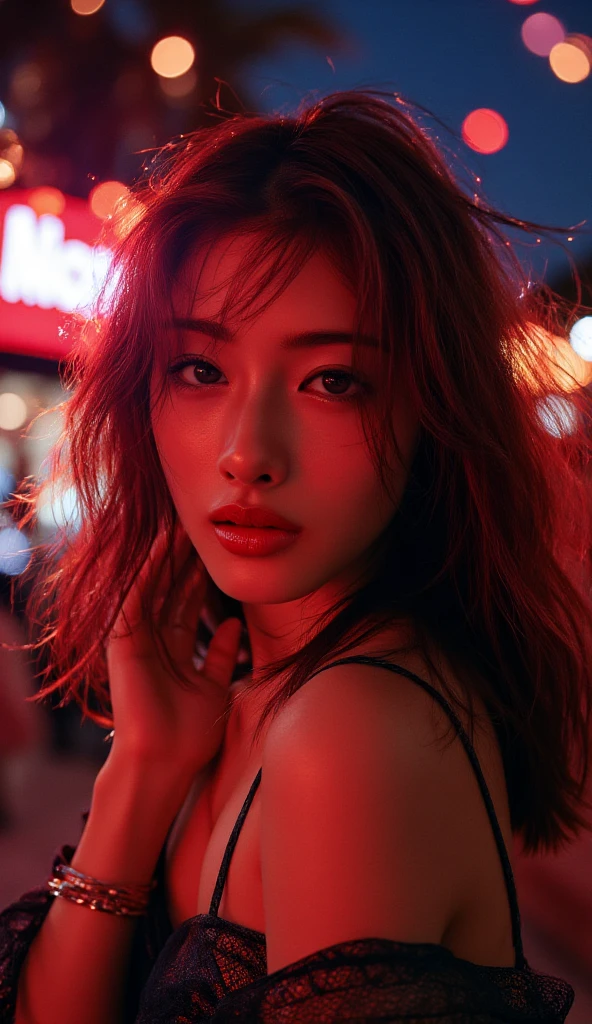 Ultra fine, high resolution photography, shot from above, young 18 year old wearing short skirt in a nightclub, very thin waist, skinny, big lips, big mouth, big eyes, red hair with bangs, moody lighting, cinematic lighting, pale skin, wearing shiny reflective silk satin, very happy, straight hair