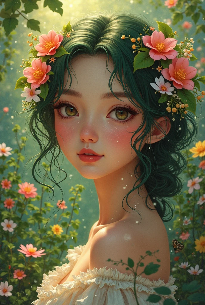 Create a woman with green hair blooms with 34 years of light eyes