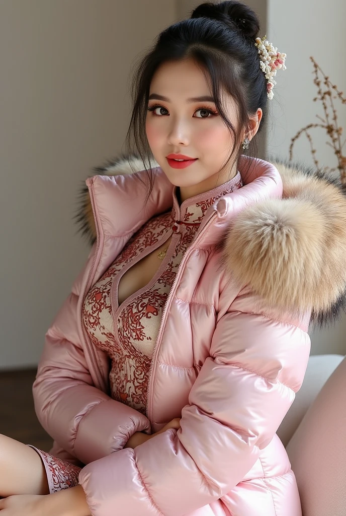 18 year old beautiful Chinese female, wearing dark red silk puffer coat fur hood,  tight silk corset, masterpiece, best quality, smiling, sexy, open puffer coat, silk, photorealistic, indoors, (large breasts)