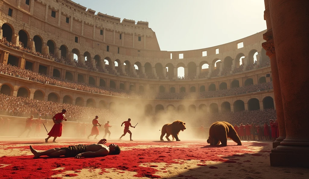 (photorealism:1.2), Two men and two women in the middle of the coliseum murdered with people around and many animals