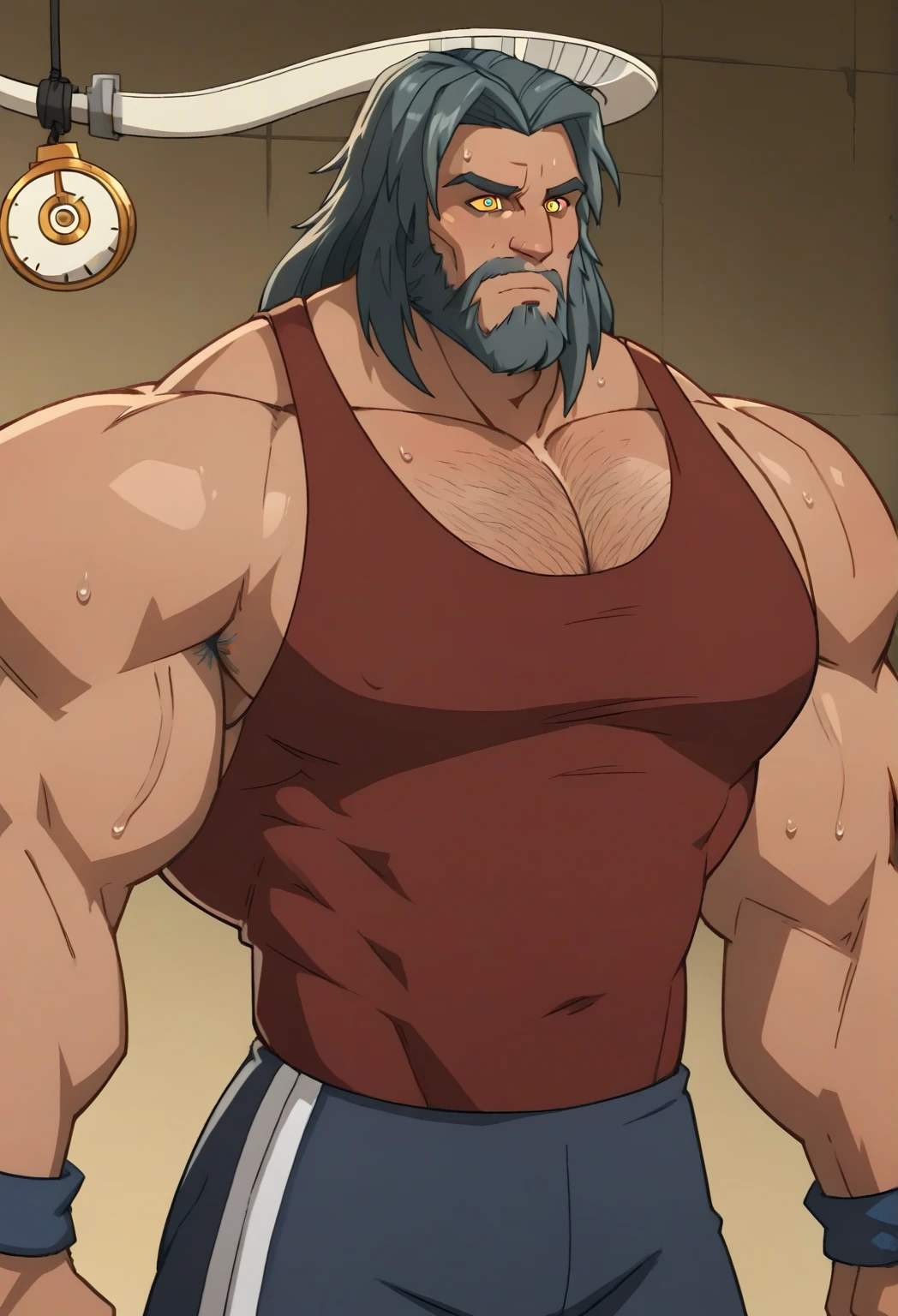 ((Masterpiece, Highest quality)). Daddy, homem musculoso,bodybuilder, rosto detalhado, barba grande, com raiva. Unado arnes, luvas de couro, oculos escuro, flexcionando os bicepis.