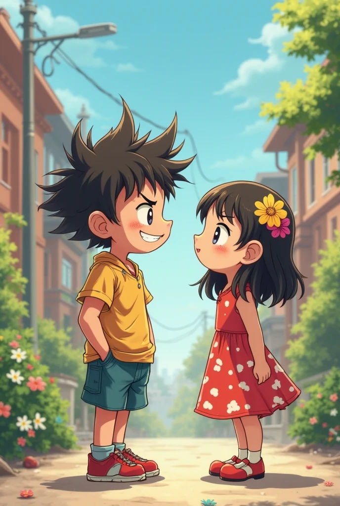generates an image with the anime animation style of "one piece" of a girl with straight brown hair and glasses and also a boy with short curly hair and smiling