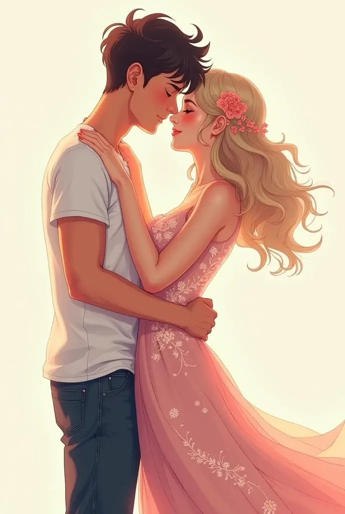 A woman wearing a beautiful dress hugging with a man wearing a t-shirt and a jeans pants, they are in love, anime stye, wide shot portrait, no background 