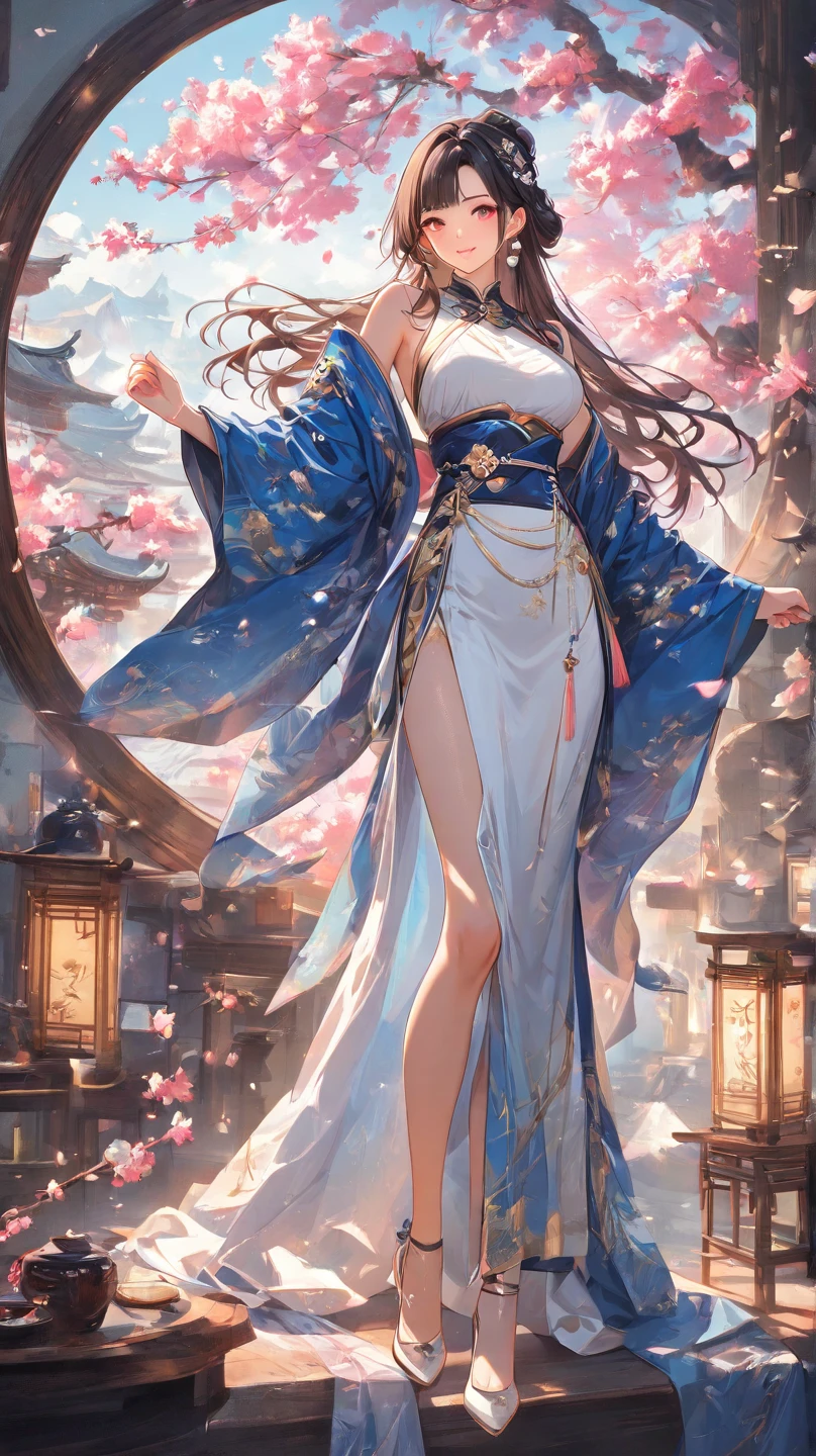loose outfit、Show shoulders、How to wear a broken see-through kimono、Decorated with intricate patterns and bright colors、Transparent material that makes the skin shine、Artistic depiction of seductive woman in kimono with wet thin cloth and transparent skin, Floral and fantastic pattern with flowing silky traditional see-through skin。Her dress draped elegantly around her curvaceous figure、Emphasizes her charming silhouette。She's a gentle fireworks night、Dynamic Posing、Sexy Posing、bathed in the soft glow of moonlight。The scene is、With a hint of mystery and sensuality、It exudes an ethereal dreamy atmosphere。The image style is、It incorporates a blend of watercolor and digital illustration techniques.、It makes you feel delicate beauty and charm。Soft moonlit lighting、Cast gentle highlights and shadows on her mesmerizing features。Dynamic Posing、Bold poses、The hand is somewhere、see -through、show through、A sexy、Wet hair、Wet、cherry trees、flower petals、cherryblossom、The cherry tree、Sakura blizzard、buried、Transparent skin、Wet clothes、Chest Pulling、Translucent clothes、On the water、huge moon、