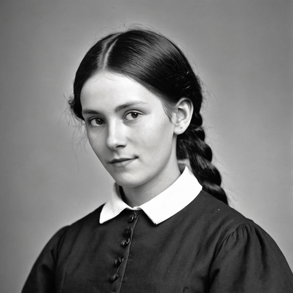 Beautiful girl, in college uniform, from the Institute of Noble Maidens, Hair braided in a pigtail, Have bangs, late 19th century