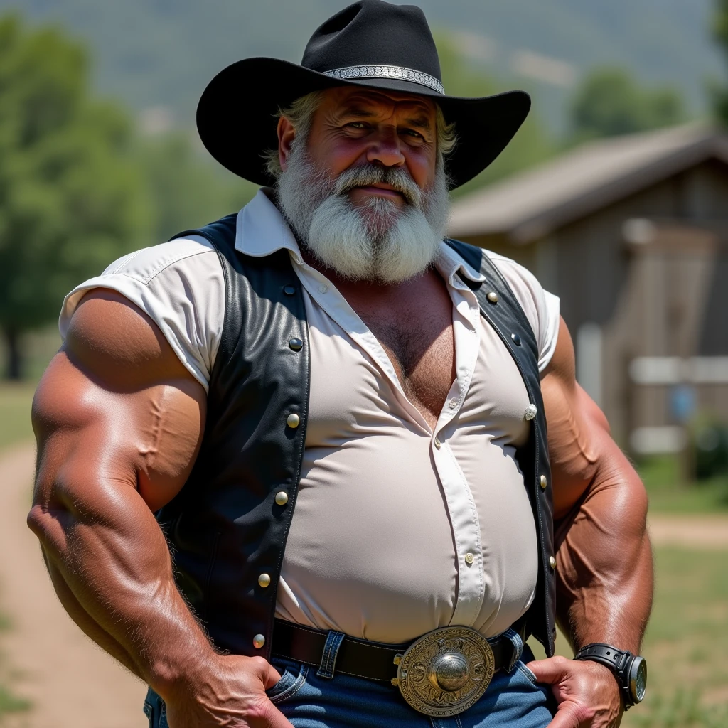 A sweaty elderly late 19th century Sullivan style wrestler standing with black hair parted in the middle with very large handlebar mustaches extremely muscular and extremely fat over 70 years old weighing over 600 pounds with extremely large and very saggy muscular breasts and very hairy with gynecomastia and very large dark pointed nipples with relaxed muscles bodybuilder in a Victorian London alley wearing white and blue horizontal striped leggings