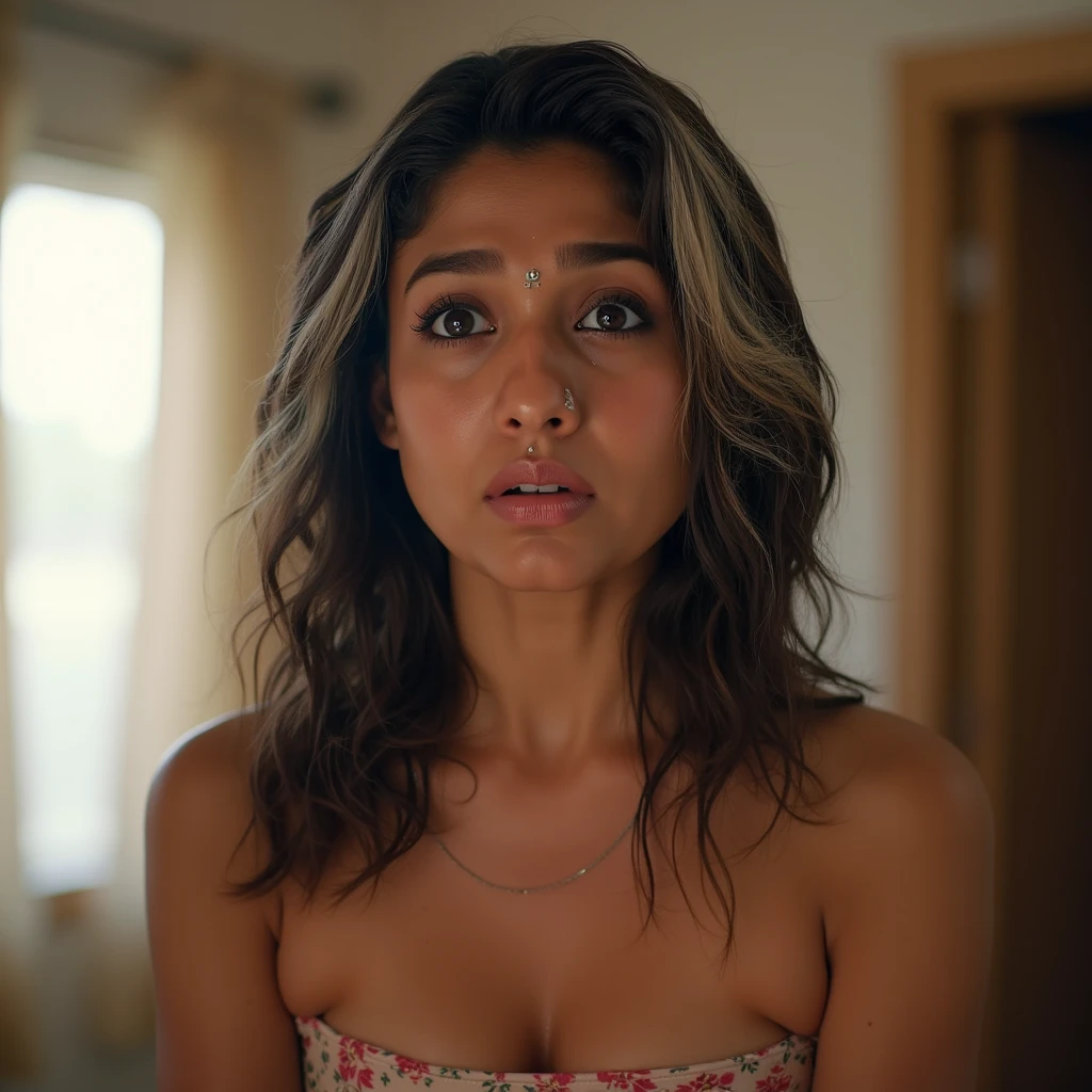 Capture a medium shot of a 26-year-old Hispanic-Filipina woman with tanned, brown skin and long, thick waist-length black hair. She stands in the doorway of a condo apartment in the Philippines, portraying an angry expression with furrowed brows and a pouting mouth. She wears a casual, small skirt. The scene is set against the backdrop of twilight colors in the sky, creating a dramatic, moody atmosphere. A carry-on luggage is visible in the background, emphasizing her possible travel intentions or arrival. The image should have a bokeh effect with a 2.8 aperture depth of field to highlight her vivid facial expressions and intricate hair details.