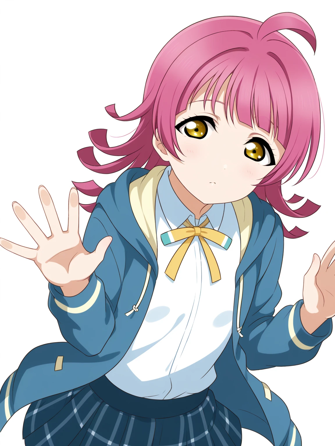 1girl, front view, love live tennouji rina, ahoge, yellow eyes, white shirt and blue bowtie and yellow sweater vest otonokizaka school uniform, simple blue background