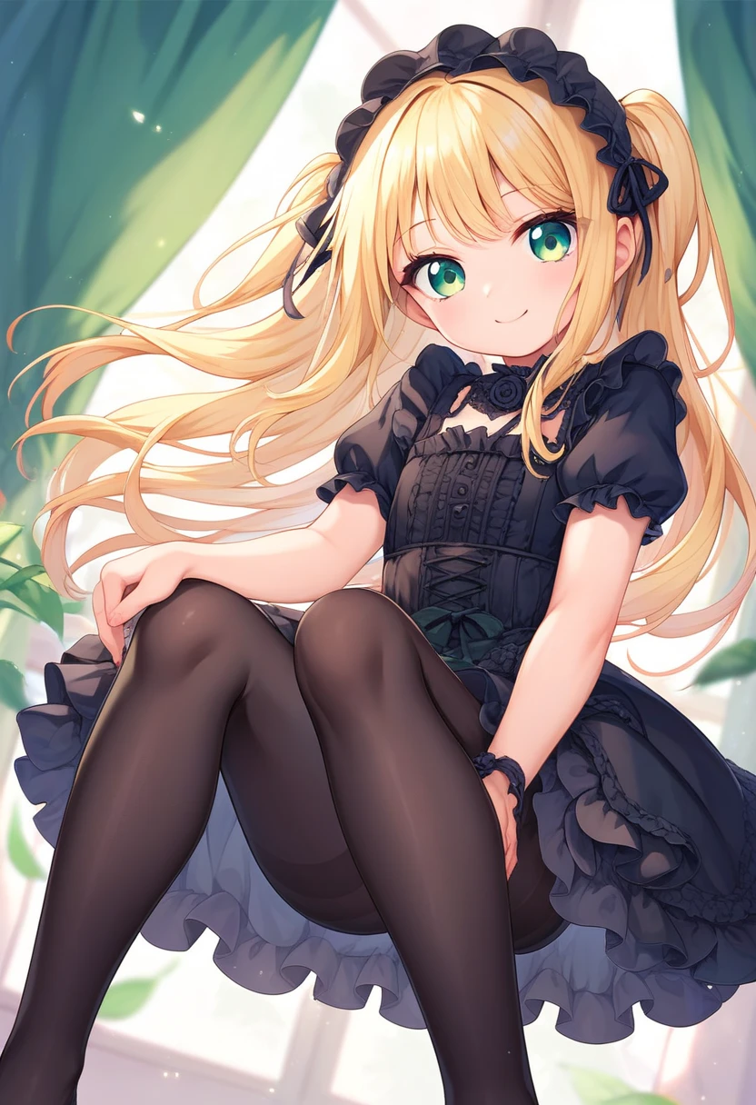 cat girl, Anime-Stil, steht in Garten, blondes langes Haar, wears a very short black dress