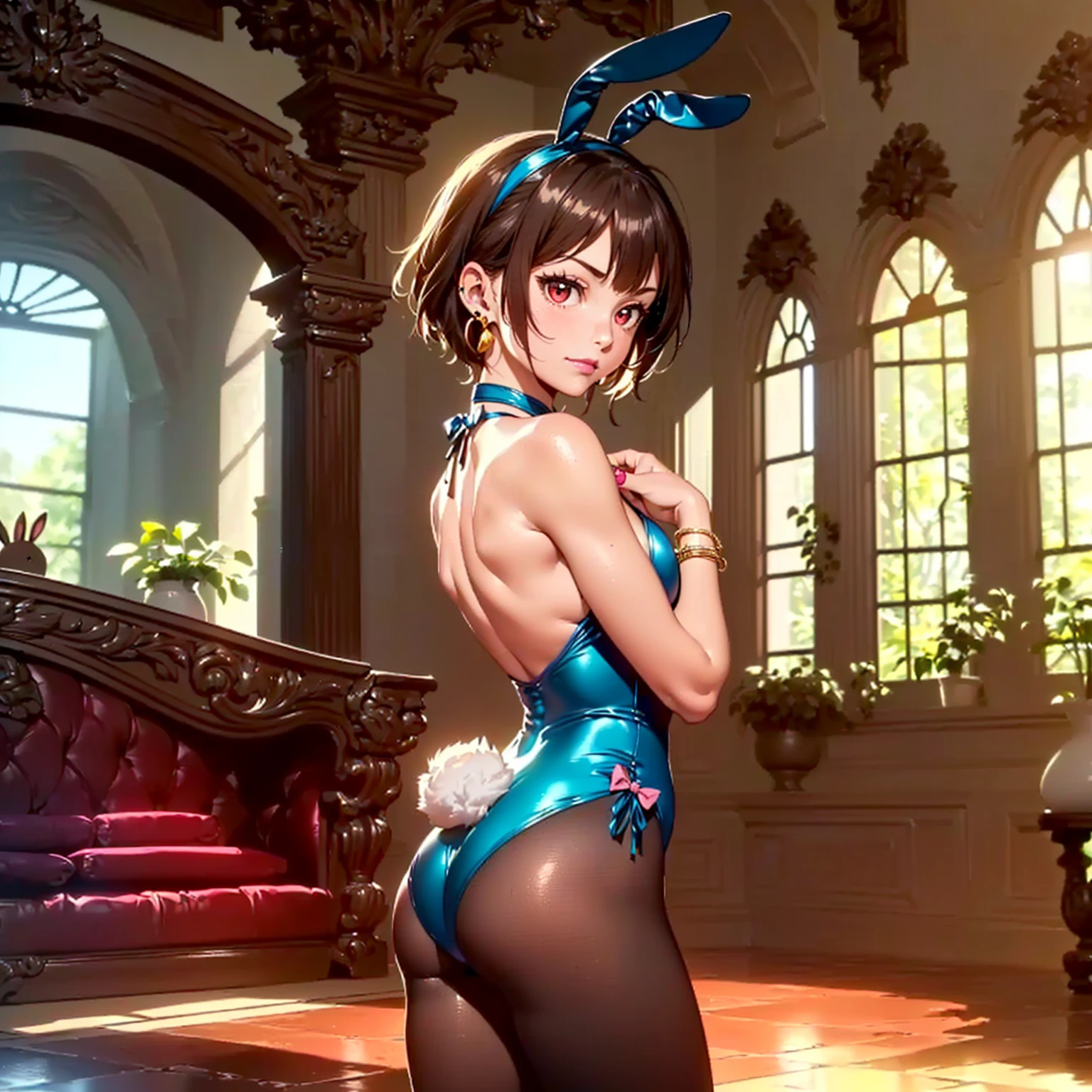 1girl, loli, short hair, (parted bangs:1), roman garden, artificial fountain, full body, erect nipple, red bow tie, (curvy hips:1.2), camisole, blue eyes, (dark skin:1), shiny skin, bare hips, standing, white gloves, panties