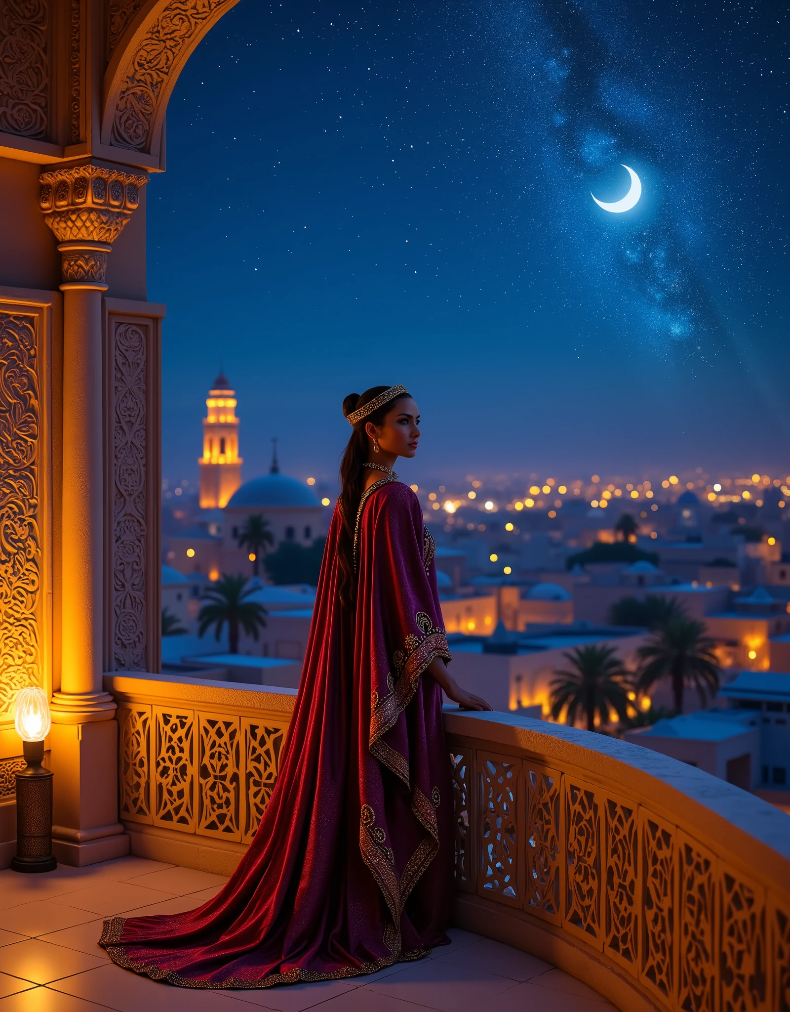 An extremely beautiful Moroccan princess on the balcony at midnight, Fantastic night panorama , AidmaHyperrealism