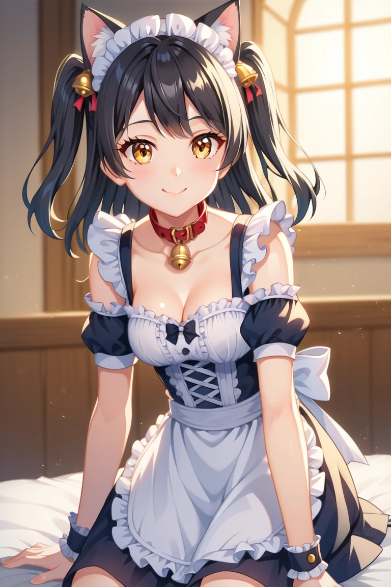 woman,smile,Bob Hair, Dark brown hair,Large Breasts,Maid clothes,Short sleeve,I can see the valley.Cute black gloves,Cat ears headband,Wear tights,Dark brown hair,Large Breasts,maid Cafe

