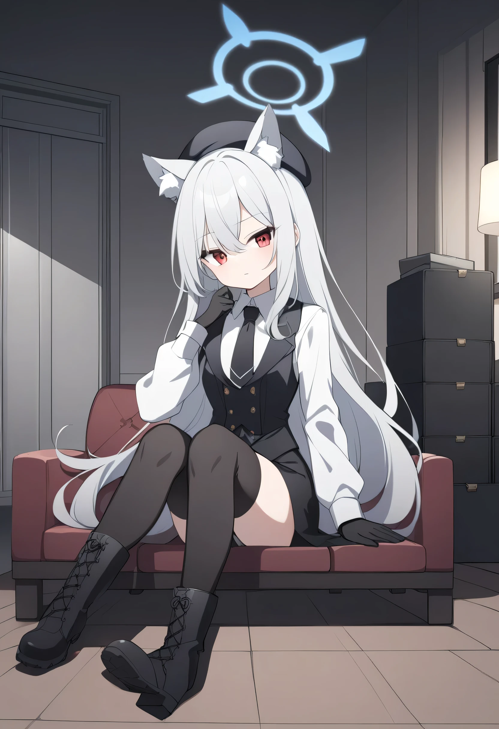 girl, Long silver hair , black beret , red eyes , , black metal box , with black sunglasses , calm expression , blue halo, gray wolf ears, black leather gloves,black stockings, Black Boots,black vest with white shirt,black tie,In the aristocrat's living room