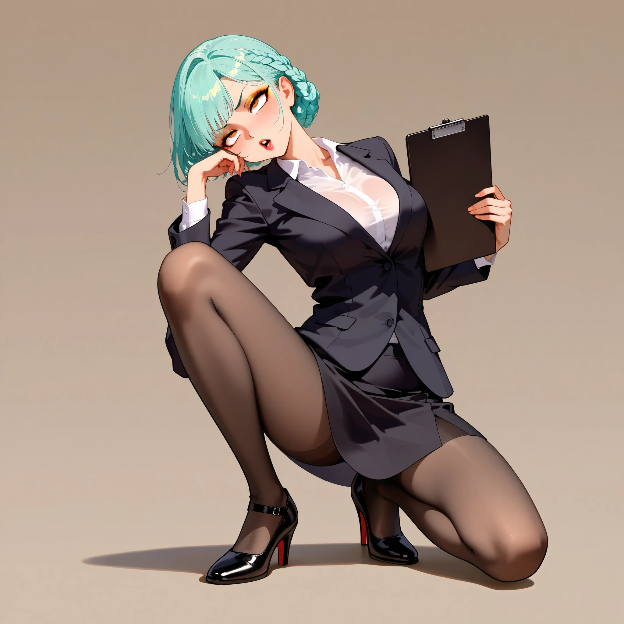 (1girl), (solo:1.2), aqua hair, short hair, braided_bangs_(hairstyle), calm, (orange eyes), detailed_eyes, ahegao, medium breasts, BREAK, red lipstick, (golden eyeshadow), 1girl black_jacket black_shoes black_skirt blazer circle clipboard from_side green_background hand_on_own_cheek hand_on_own_face head_tilt high_heels holding holding_clipboard jacket long_sleeves looking_at_viewer office_lady oval see-through_pantyhose shirt shoes short_hair simple_background skirt solo squatting turning_head v-shaped_eyebrows white_shirt,