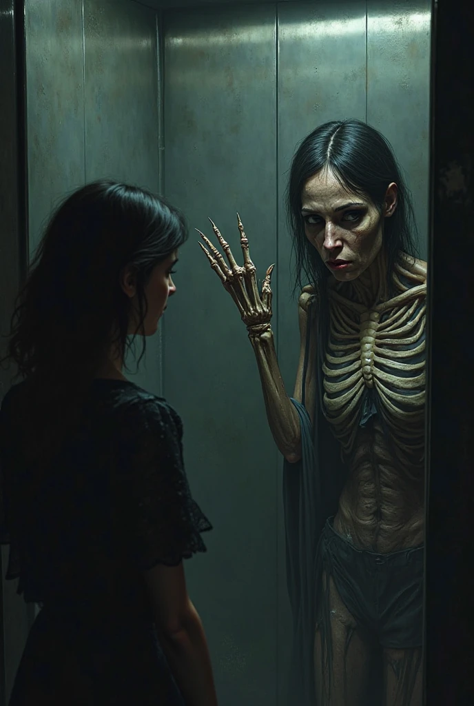 a beautiful black long haired woman head leaned back and black tears dark makeup,with half rotting face and bones exposed inside a glass box in a museum with other monsters and creatures inside boxes in the background, Surreal horror photography, realistic dark art photography, darkness and melancholic ambience,the head grows like a tree From the neck trough the head a bonsai tree, Black tears and makeup, surrealism with sadness, long corridor of mirrors, bowels are exposed hanged like a net across the room 