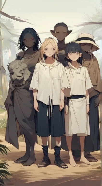 stick out butt、looking back、Black、Dynamic Angle、In the jungle、Girl、Girl、Short、Younger、Lower school girls、Indian、Both eyes open、National costume、Ethnic Makeup、black-brown skin、flat chest、Nipples、forehead、smile