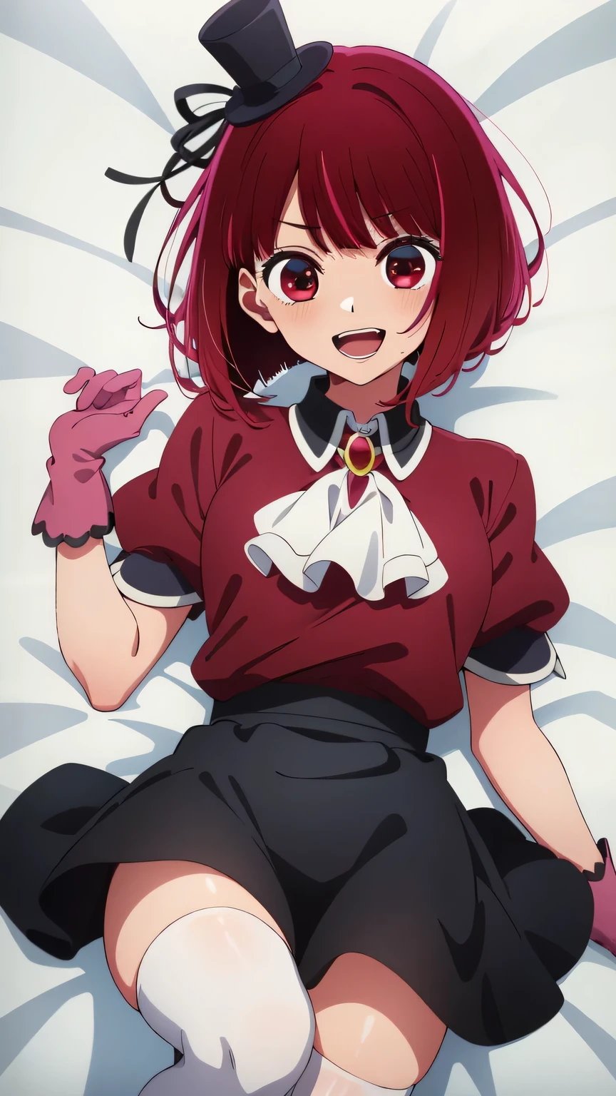{{{masterpiece}}}, (best quality:1.5), (ultra-detailed:1.5), {illustration}, {{an extremely delicate and beautiful}}, (beautiful detailed eyes:1.6), absurdres, highres, extremely detailed face, 16k, hd, visual anime de uma jovem mulher, extremamente bonito rosto de anime, anime melhor garota, (perfect hands, perfect anatomy), anime face, Arima Kana (Oshi No Ko), aakana, 1gril, solo, cute face, Red hair, very big eyes, short hair, bob hair, bangs, (red eyes:1.5), medium breasts, big hips, curvaceous, BREAK, black mini hat, (red shirt:1.2), short sleeves, frills, (black collar:1.5), jewelry, brooch, white ascot, pink gloves, black skirt, mini skirt, flared skirt, white petticoat, (red thighhighs:1.2), thighs, zettai ryouiki, BREAK, lying, on back, smiling, open mouth, embarrassed, flushed cheeks, looking at viewer, on the bed, Dakimakura, CarnelianDakimakura