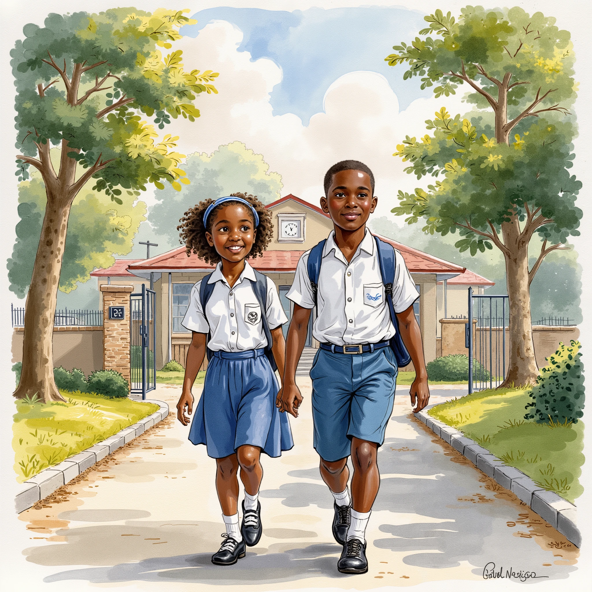 A girl and a boy in white and blue uniform arriving at school early, Nigerians
Water color illustration
