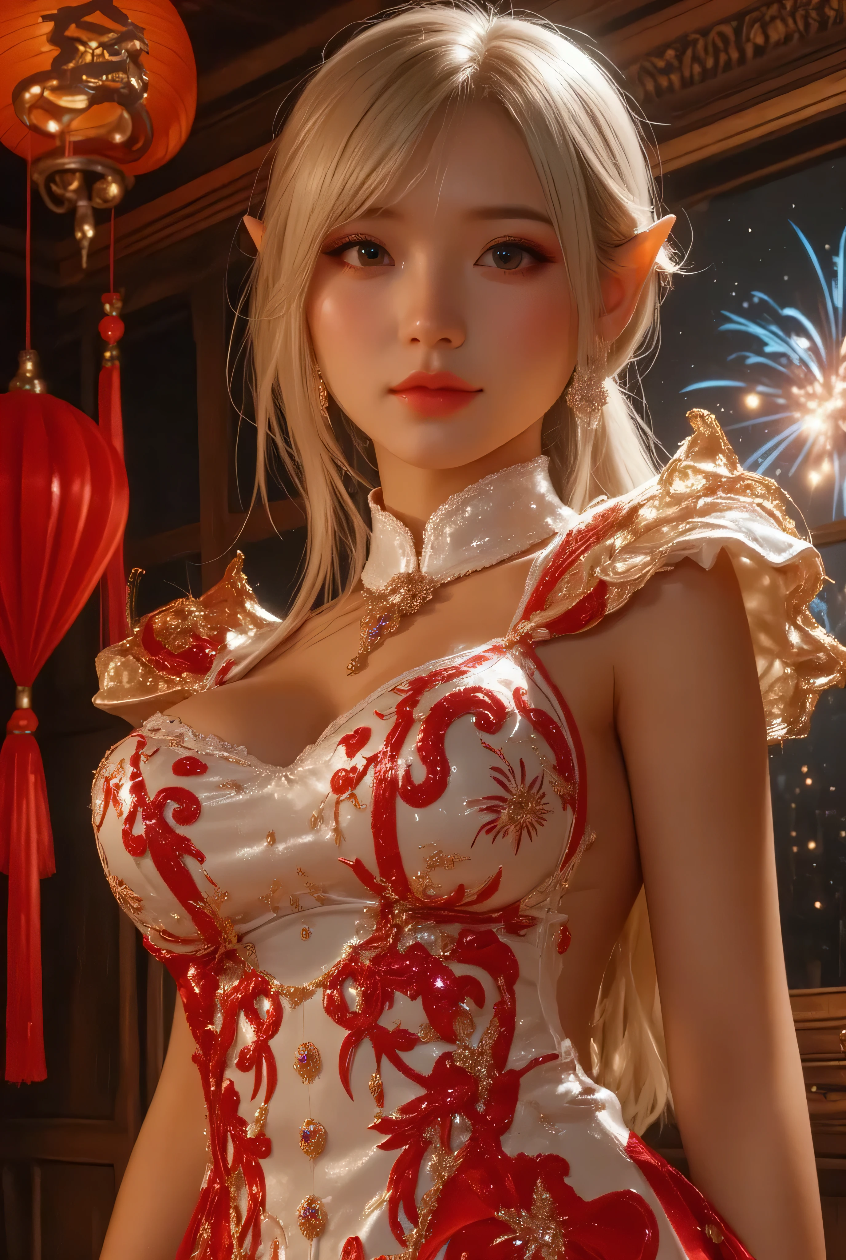Cat ears、 face up, attractive, pretty girl, ponytail、few beautiful lady hair decorations, (( fine facial features , eroticism)), dramatic lighting , realistic , 8k, Dramatic Shadows , intricate and elaborate patterns , super detailed photo , chiaroscuro lighting , Pleasant colors , deep contrast , super real 、 pink lipstick、 warm room、Vintage Fireplace 、 cinematic composition、Close-up of face, pretty half part transparent open shoulder loose outfits dress, tang style, A beautiful Korean idol wearing a one piece red-green-blue-black-silver-gold tightly cheongsam with phoenix and intricate floral golden embroidery, golden and silver outline on dress, shining gems and jewelry, standing gracefully in a room filled with traditional Chinese New Year decorations. The room features vibrant red lanterns, decorative calligraphy scrolls, a small Chinese orange tree with golden ornaments, and several red envelopes scattered across the floor and hanging from the tree. Adorable, playful cats are part of the scene—some sitting near the tree, others curiously pawing at the red envelopes or lounging around. Through a window or an open door in the background, vibrant Chinese fireworks light up the night sky in an array of reds, golds, and blues, casting a magical glow into the room. The idol’s outfit is paired with subtle accessories like red hairpins or earrings, complementing the festive look. The atmosphere is warm and lively, filled with the joyful essence of the celebration, enhanced by the shimmering lights of the fireworks and the lively decor. blue lights