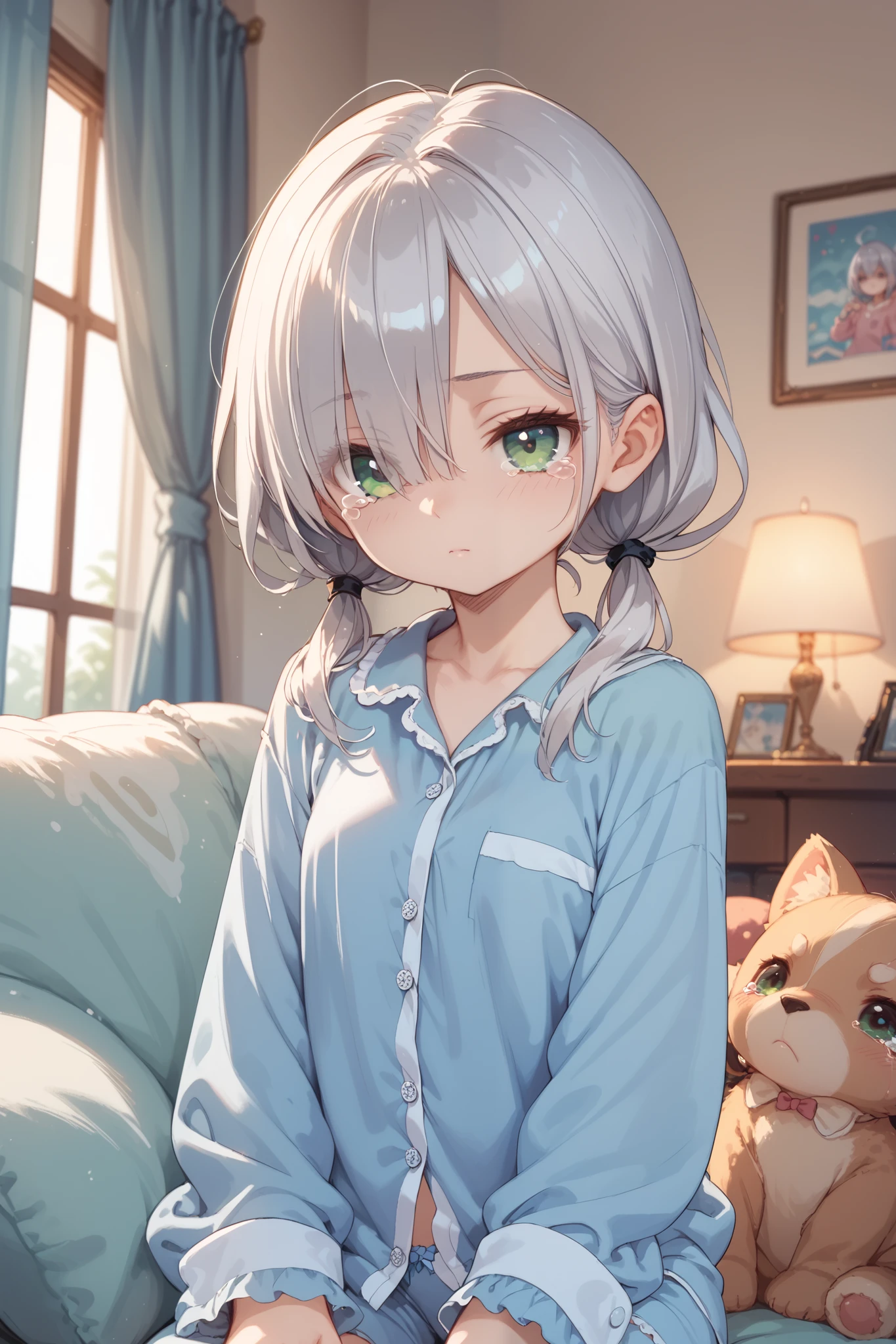 living room,ite girl,silver hair,green eyes,low twintails,hair over one eye,snot,furrowed brow,clothed,tears,expressionless,pajamas