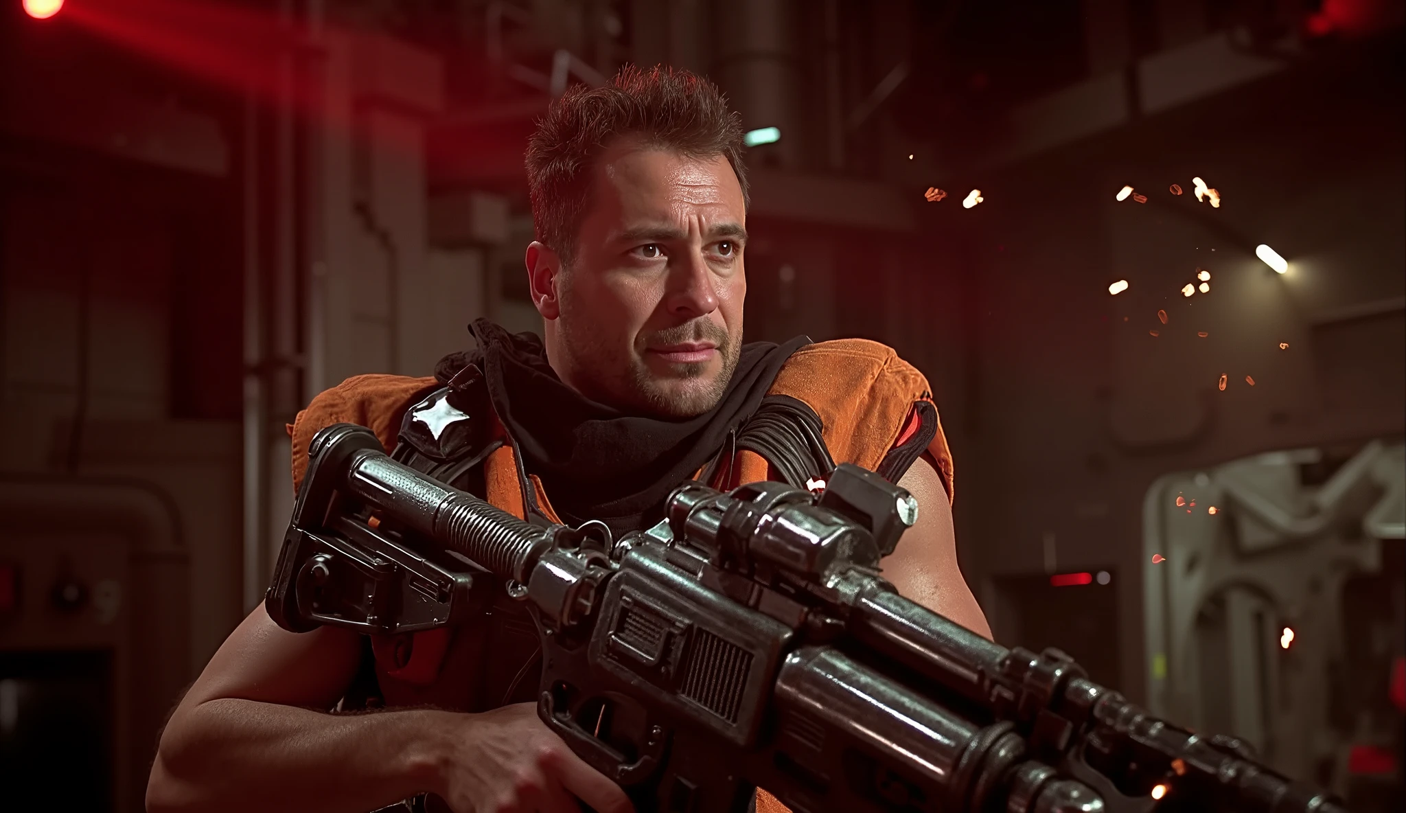 Korben Dallas, wearing a rugged orange combat vest, grips an oversized sci-fi rifle with multiple barrels. His stance is strong and confident, with a slight smirk. The background features a high-tech industrial setting with sparks flying from machinery, dim red lighting casting long shadows. The shot is cinematic, high-contrast, and bathed in a mix of warm and cool tones.