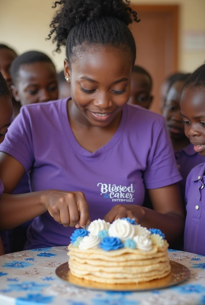 ((best quality)), ((masterpiece)), (detailed), perfect face
Design an African Muslim dark skinned girl carrying a nice cake in front of students in a lecture room