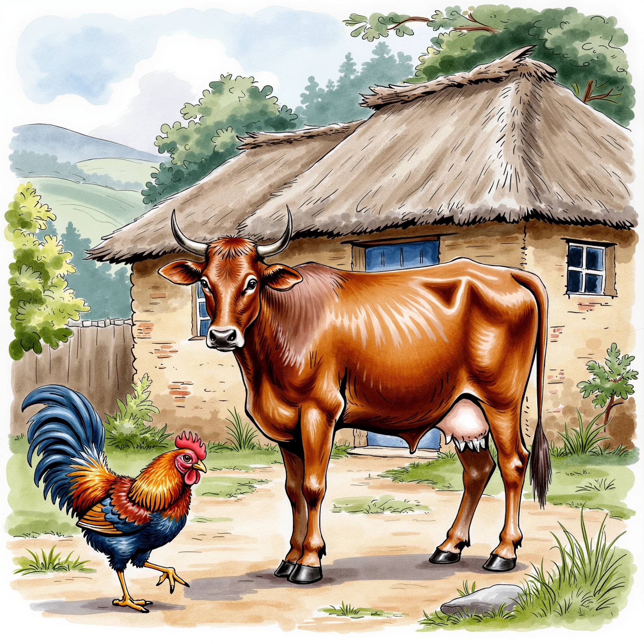 A cow and hen infront of a house, Nigerian
Water color illustration