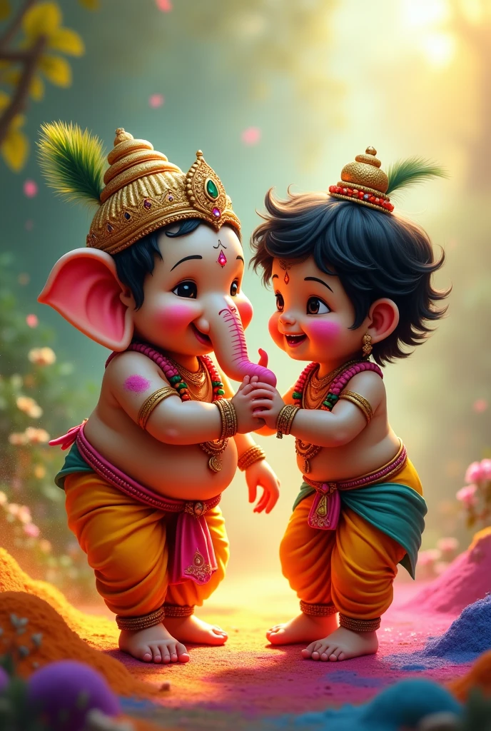 Baby krishna and baby Radha eating butter from a brown mud pot surrounded by real diamonds on a light turquoise background 