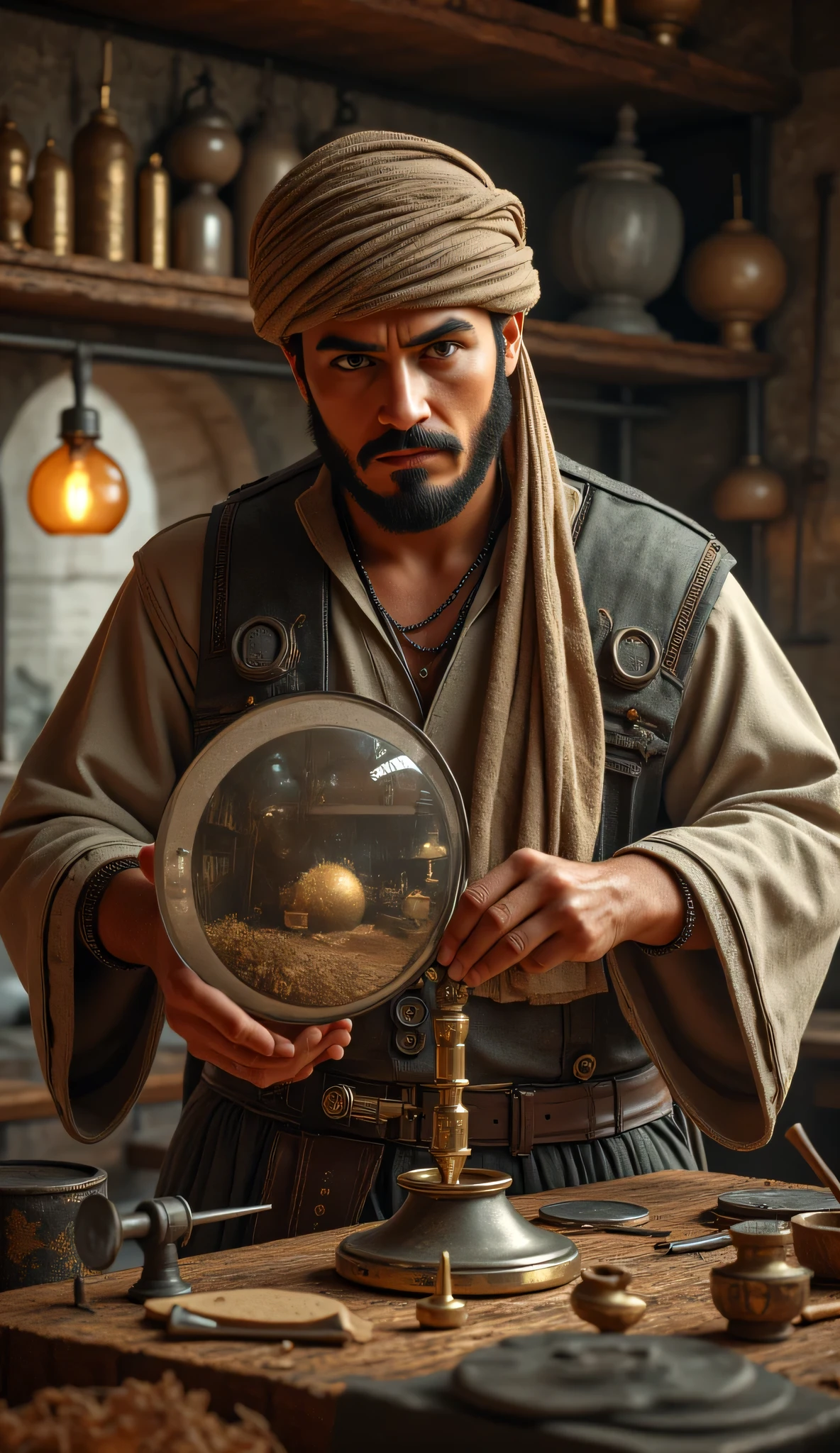 **Prompt:** wider long zoom out. Create a hyperrealistic digital artwork depicting an ancient Arabic optical reflector maker in a medieval panoramic workshop. The scene should capture a fully-body portrait of a handsome young male character, smiling as he meticulously repairs an ancient big size parabolic iron standing frame optical reflector silver mirror on a large long table in the foreground. Use a wide-angle camera lens perspective that showcases the intricate details of the workshop, adorned with optical reflector making lens tools and burgeoning techniques of ancient technology. Focus on the character's face, blending features reminiscent of actors like Johnny Depp, Hugh Jackman, and Nicolas Cage, to create a unique and captivating visage. The character is dressed in a prehistoric archaic Arab outfit, complete with a traditional turban, exuding a dynamic and authentic vibe. Ensure the composition is balanced, utilizing octane 3D rendering techniques to achieve ultra-realistic textures. Pay attention to the best photography composition and image aperture settings, capturing every detail with depth of field in a slow shutter speed effect to enhance realism. Render the artwork as a RAW photo image, employing a photorealistic style that brings the mirrormaker's world to life. Incorporate elements that resonate with the glasspunk aesthetic, potentially drawing inspiration from video game artwork like Far Cry 5 while ensuring the overall piece embodies the essence of ancient craftsmanship and artistry. Aim for the highest quality digital art that showcases realistic human anatomy and the intricate nature of optical mirror making in antiquity.