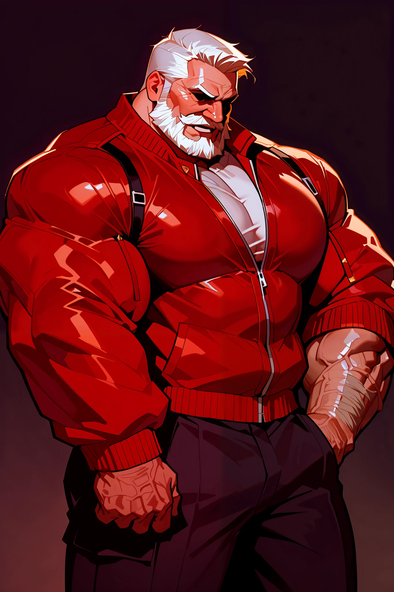 solo, 1man, A huge muscular old man Wearing red jacket in night city, (old man (huge muscular, giga Chad, bara, big arm, biggest arm, biggest muscular, biggest chest , big chest, big pec, big bicep, extremely detailed muscle, short hair, white bearded, yellow hair, human, old man), masterpiece, 8k, high detail